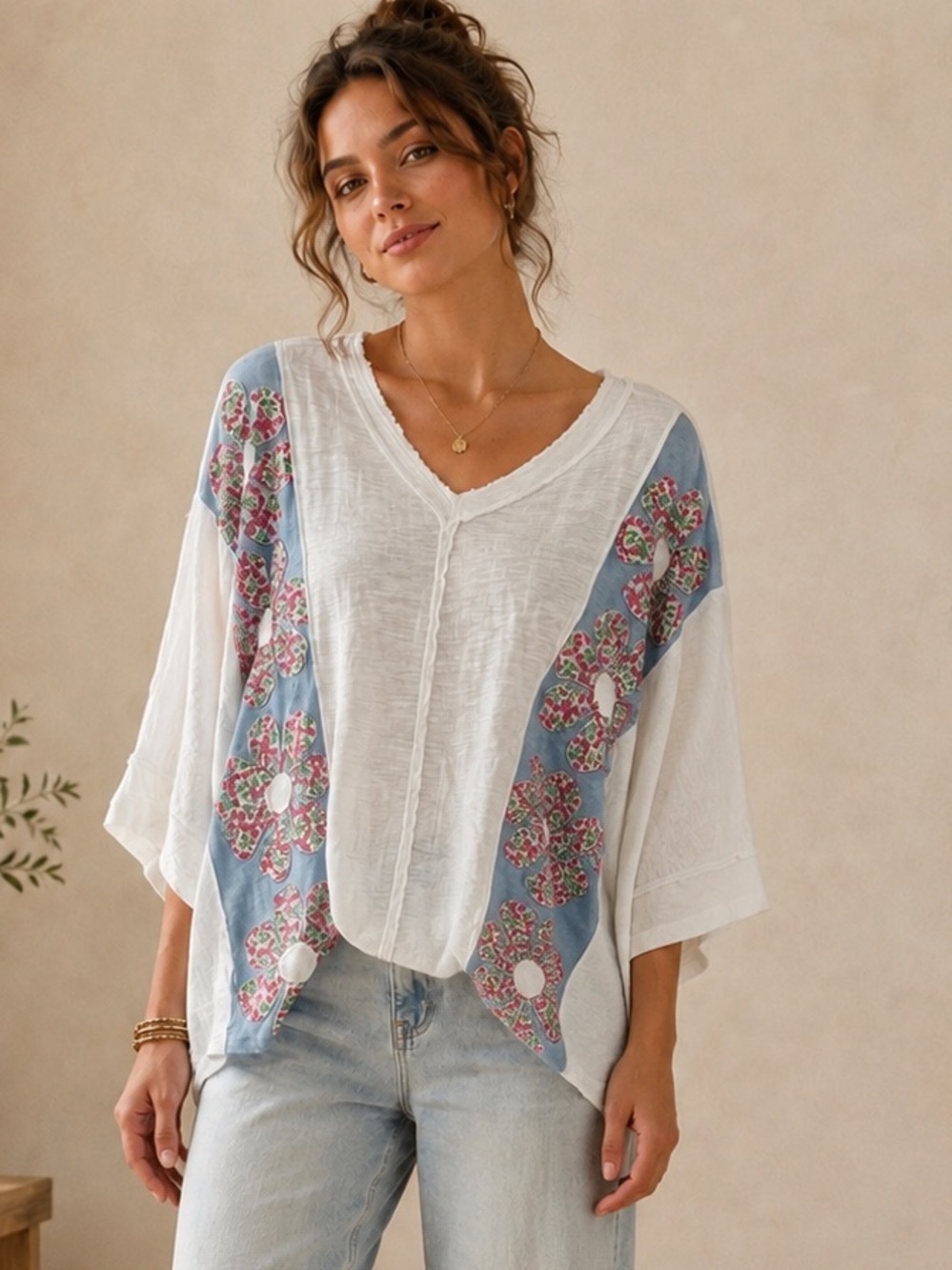 Blue Velvet Gauzy V-Neck Top with Blue Floral Panels
